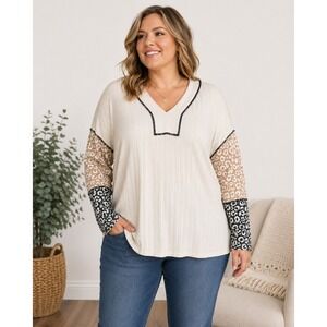 Haptics Holly Harper 2X Leopard Colorblock Ribbed V Neck Long Sleeve Top
